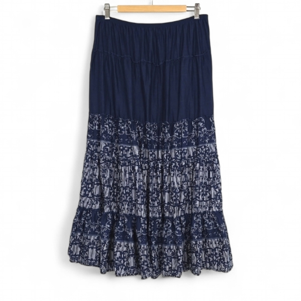Style & Co. Women's Tiered Boho A Line Maxi Skirt Blue White Medium